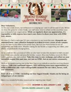 The December 2024 Monthly Roundup Volunteer Newsletter for NTRC features a festive holiday design with string lights, a horse-themed logo, and warm holiday messaging. The main section is a letter to volunteers thanking them for their dedication throughout the year and celebrating their contributions. Key highlights include welcoming 325 new volunteers, acknowledging the team’s impact across campus, and encouraging rest and reflection during the holiday season. The page closes with an expression of gratitude from NTRC staff and a note about upcoming campus closures from December 23, 2024, to January 1, 2025, with reopening on January 2, 2025. Two small images show volunteers working outdoors and wearing NTRC gear.